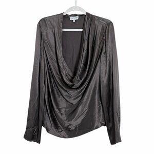 Halston Aviana Charmeuse Silk-Blend Cowl Neck Blouse Grey Size 10